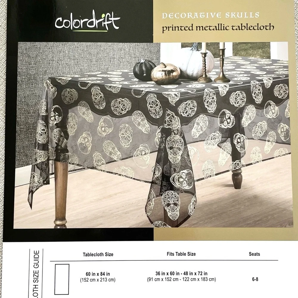 🆕Sheer Gold/Silver Metallic Printed Skulls Reversible Tablecloth